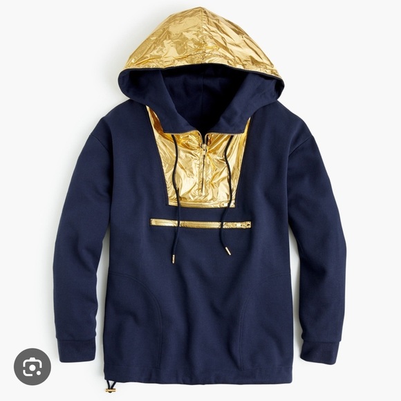 J. Crew Tops - J.Crew Gold Foil Hoodie Navy Metallic Pullover Sweatshirt Size Small